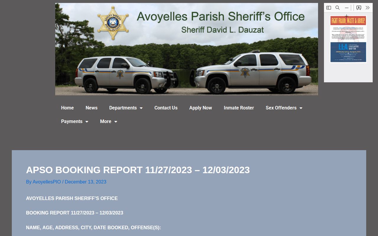 Official Avoyelles Parish multi-day arrest booking report