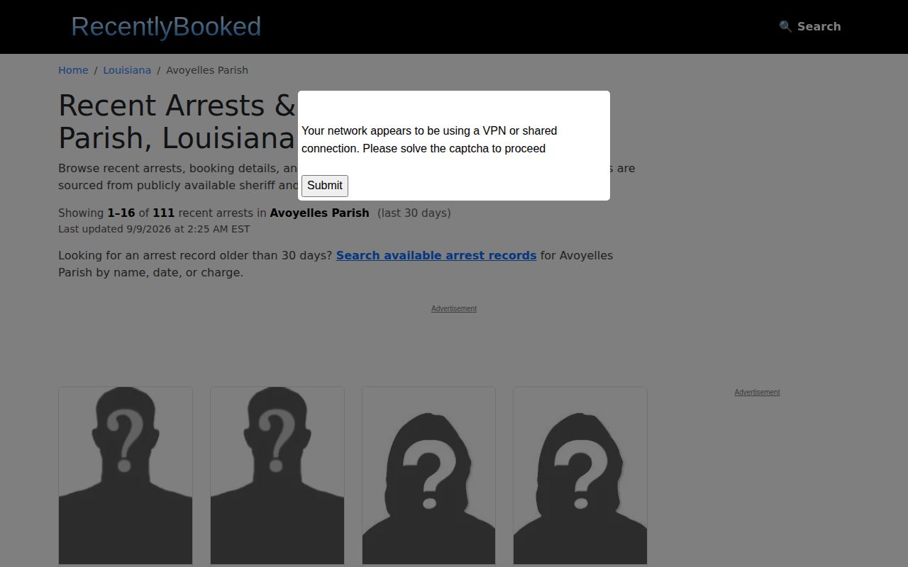 Unofficial RecentlyBooked Avoyelles Parish search page