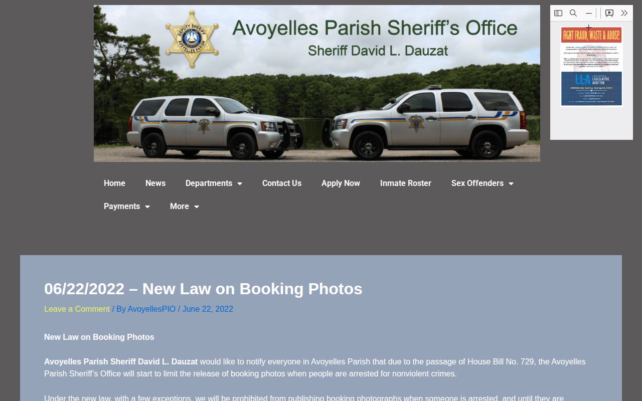 Avoyelles Parish arrest booking photo publication policy
