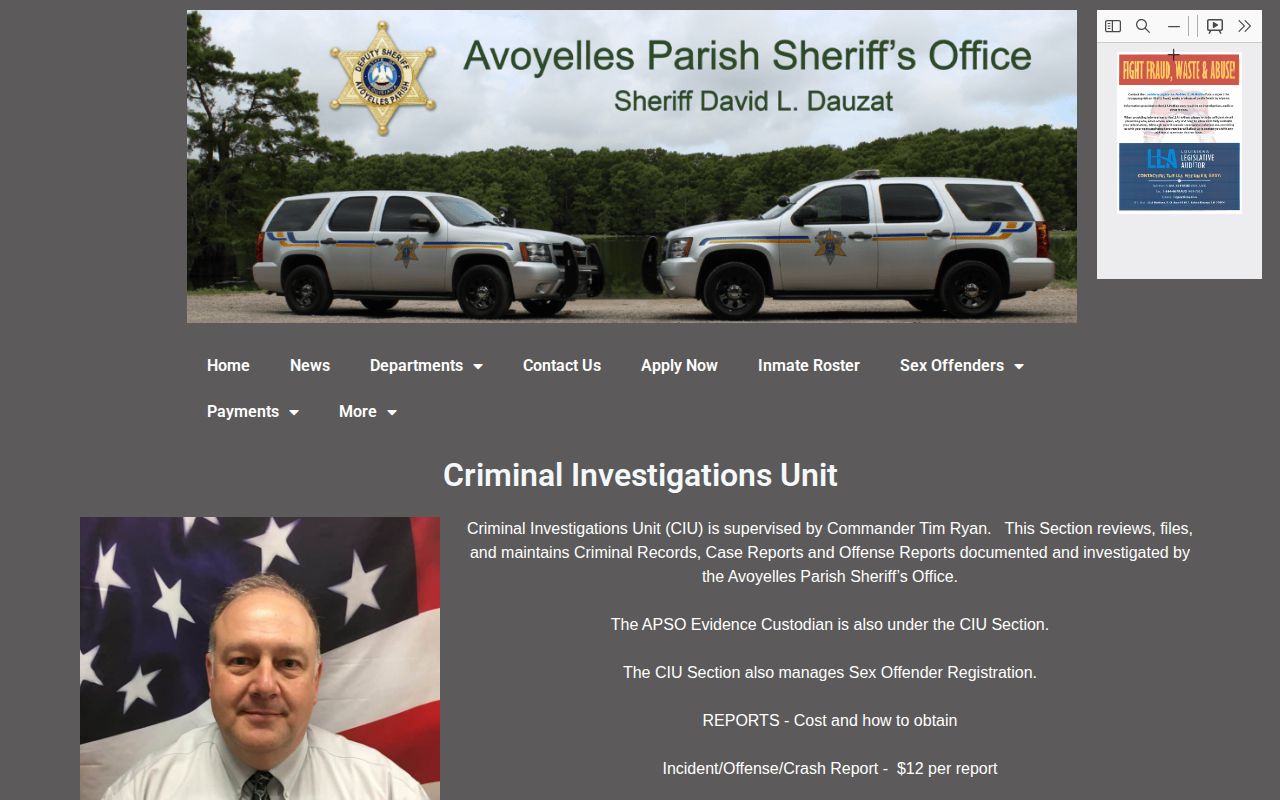 Avoyelles Parish arrest record request information from APSO CIU