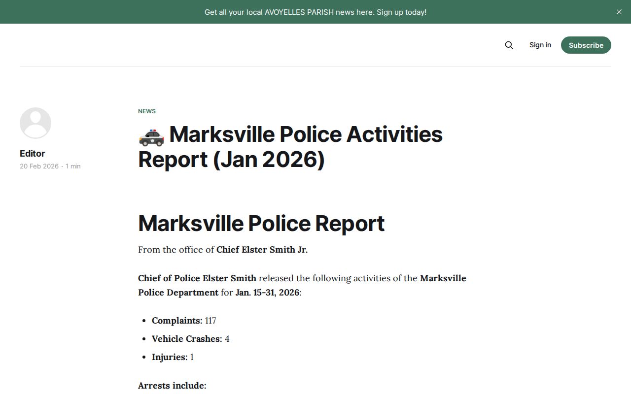 Avoyelles Today Marksville Police activity report page